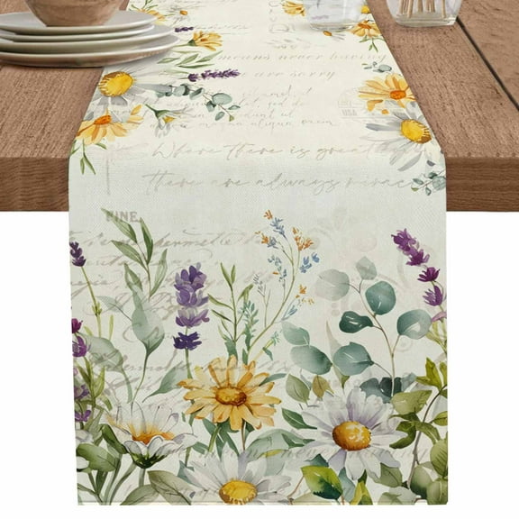 Daisy Eucalyptus Table Runner 120 Inches Long for Dining Table Decor,Vintage Beige Lavender Wildflowers Burlap Linen Farmhouse Table Runner Coffee Table Runners Dresser for Kitchen Party Holiday
