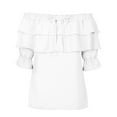 thumbnail image 4 of Odeerbi Summer Chiffon Blouse for Women Ruffles Short Sleeve Tops 2025 Casual Off The Shoulder Solid Shirts White, 4 of 8