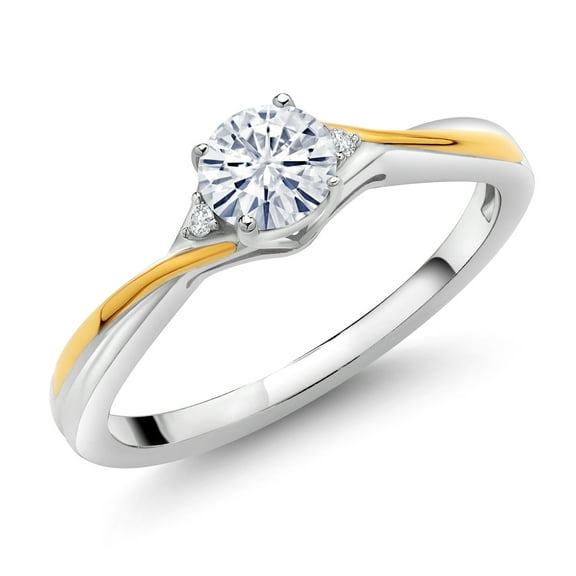 Gem Stone King 2 Tone 925 Sterling Silver and 10k Yellow Gold White Moissanite and White Lab Grown Diamond Solitaire Engagement Ring for Women (0.52 Cttw, Round 5MM, Size 5)