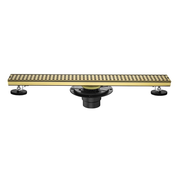 JERFIT 24 inch Brushed Gold Linear Shower Drain with Removable Quadrato Grate, Stainless Steel Channel Drain with Hair Catcher and Leveling Feet for Bathroom, Wet Room, Kitchen