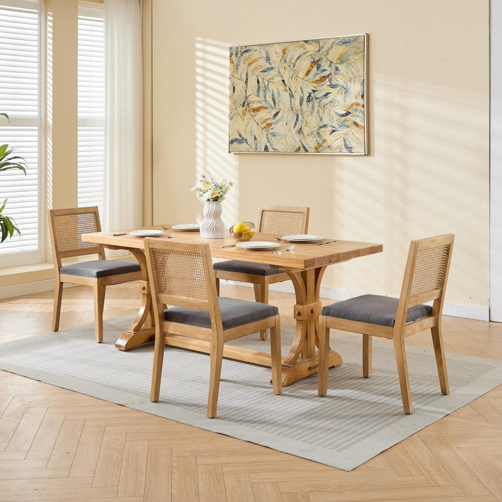 Rattan Dining Chairs Set of 2, Farmhouse Mid Century Modern Kitchen Chairs with Cane Backrest, Linen Upholstered Seat, Solid Wood Frame, Gray