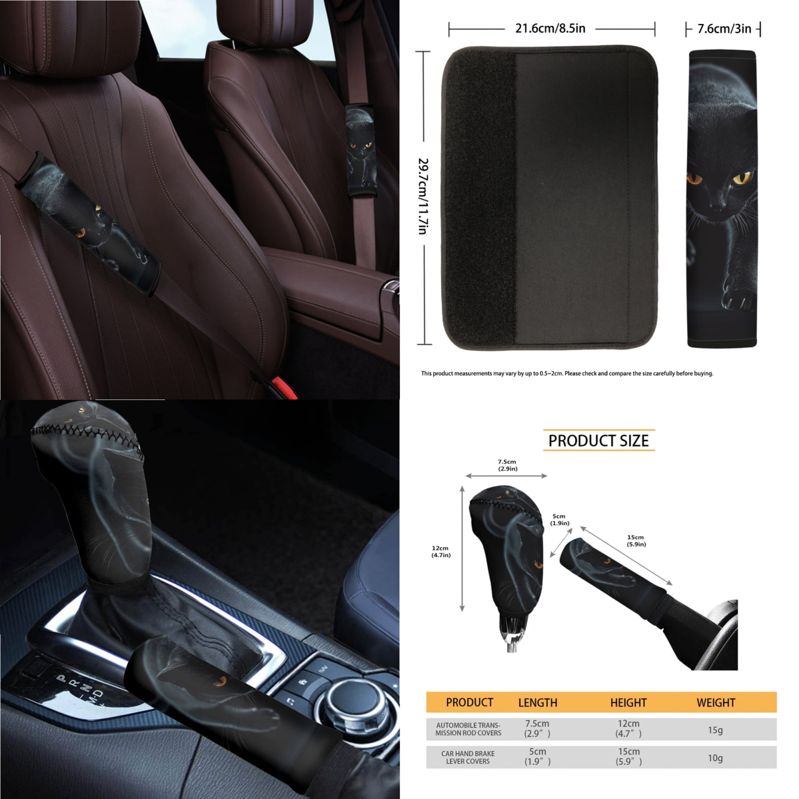 Jeiento Black Cat Car Seat Covers Front Back Seats Set of 14 Steering Wheel Cover Seatbelt Cushion Pad Trash Bin Armrest Cover Cushion Rearview Mirror Cover Gear Shift Knob Cover Set Cup Holder