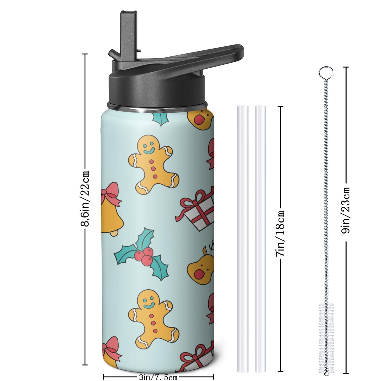 Christmas 18 oz Insulated Stainless Steel Water Bottle with Straw & Cleaning Brush , Leakproof, BPA-Free, 304 Stainless Steel, Wide Mouth, Travel Mug for Car, Gym, Office