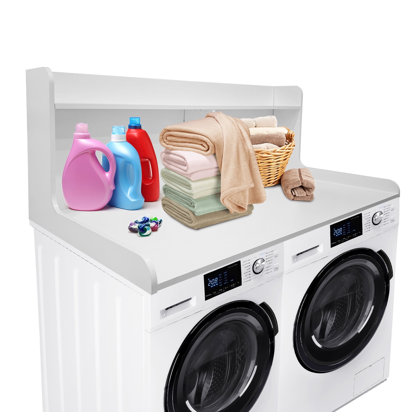 2-Tier Waterproof Wood Washer and Dryer Countertop Shelf - 54x27.5" Laundry Organizer with 2.75" Edge Rails, Non-Slip Pads, Large Storage Rack - Walnut