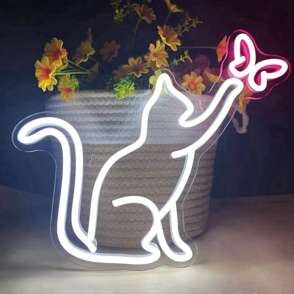 Cat Neon Sign USB Powered Dimmable Switch Butterfly LED Neon Light Wall Decor for Bedroom Birthday Kids Girl Gift