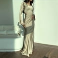 thumbnail image 4 of Women Elegant Classy Fall Long Bell Sleeve Ruched Bodycon Fitted Cocktail Party Slit Dress Apricot M, 4 of 8