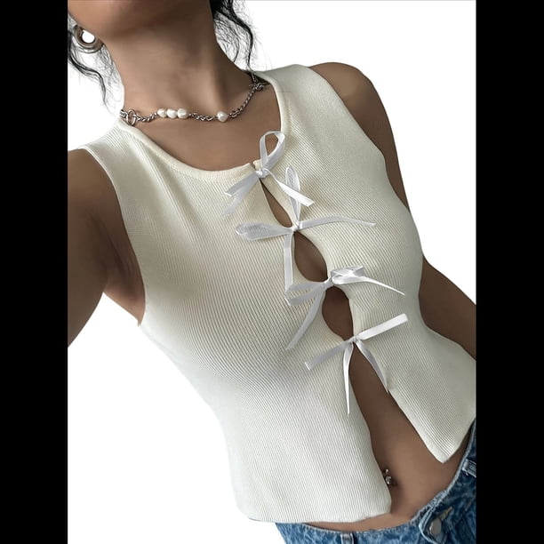 Camiseta Sin Mangas de Verano para Mujer, Cuello Redondo, Ajustada, de Punto Acanalado Y2K L