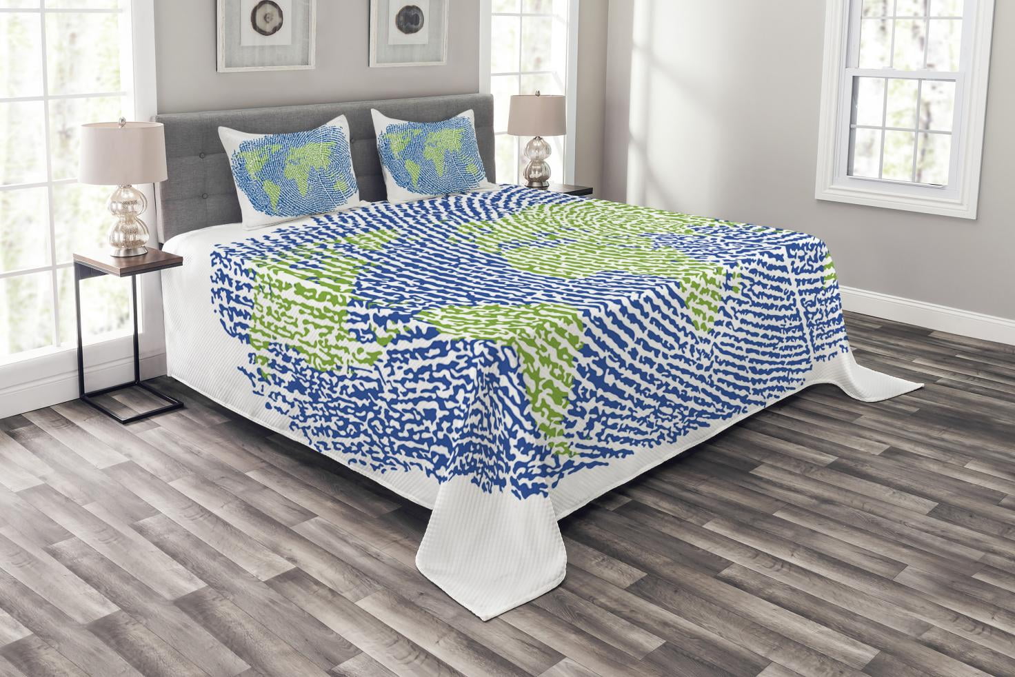 Gray Quilted Bedspread & Pillow Shams Set World Map Continent Earth Print 