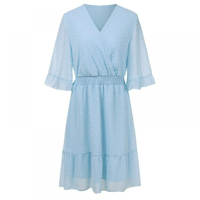 Femmes Mini Robe Taille Élastique Volants Robe de Soirée Ample Fit Dot Print V Cou Manches Courtes Robe Fluide