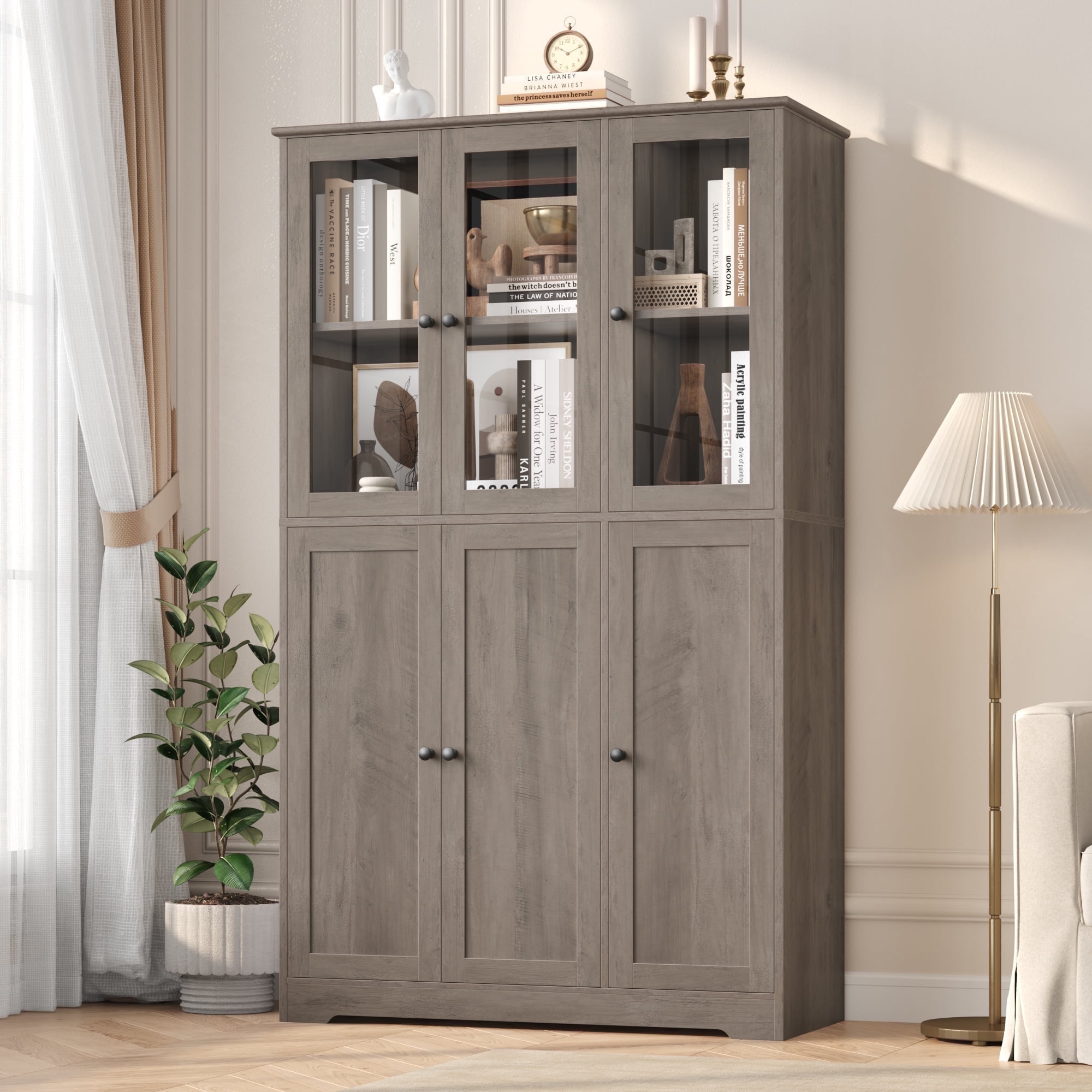 Homfa 69" Tall Bookshelf, 5-Tiers Large Bookcase with Glass Doors and Hutch Storage Cabinet for Living Room Kitchen Office, Gray