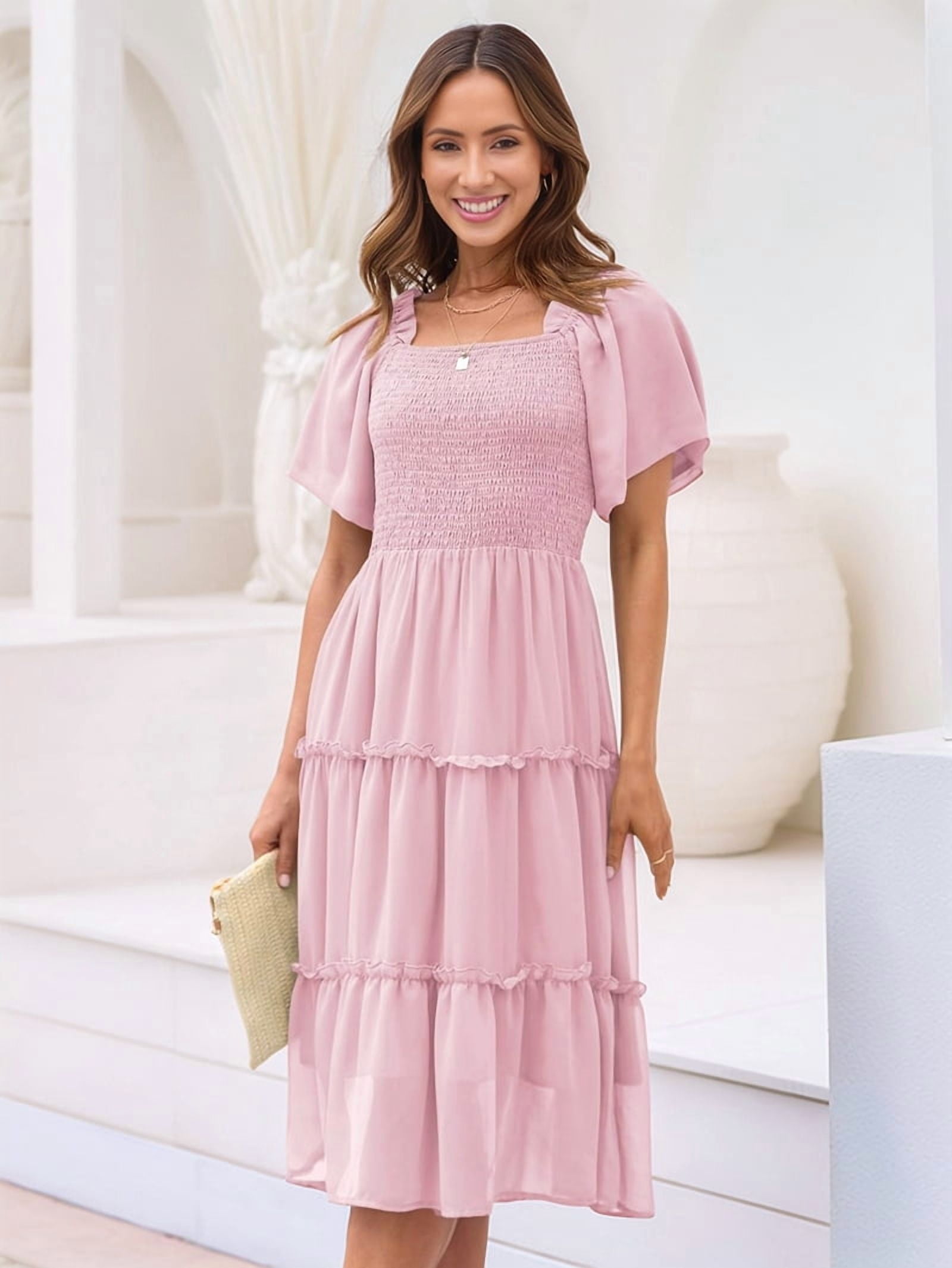 Women'S Summer Casual Flutter Sleeve Square Neck Smocked Midi Dress Pale Pinkish Gray XL