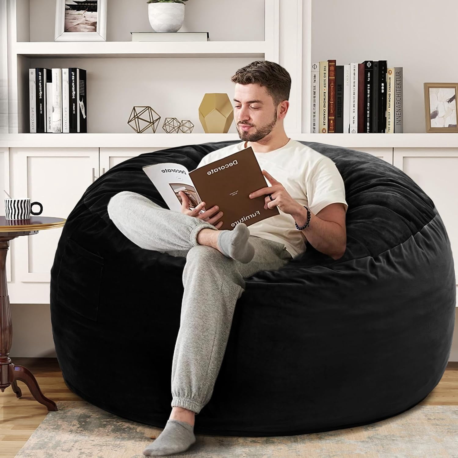 4 FT Bean Bag Chair for Adults, Teens, or Kids, Adult Size Beanbag Chair, Luxurious Memory Foam Filling, Washable Velvet Cover, Perfect for Living Room, Den, Bedroom, or Dorm, Black