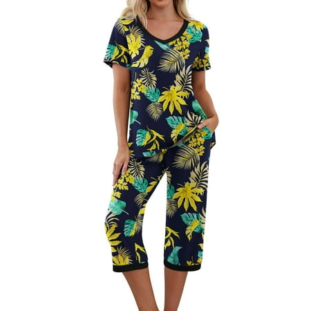 

qucoqpe Comfy Lounge Sets for Women Short Sleeve V-Neck Tops and Floral Print Wide Leg Pants Loose Capri Pajama Set