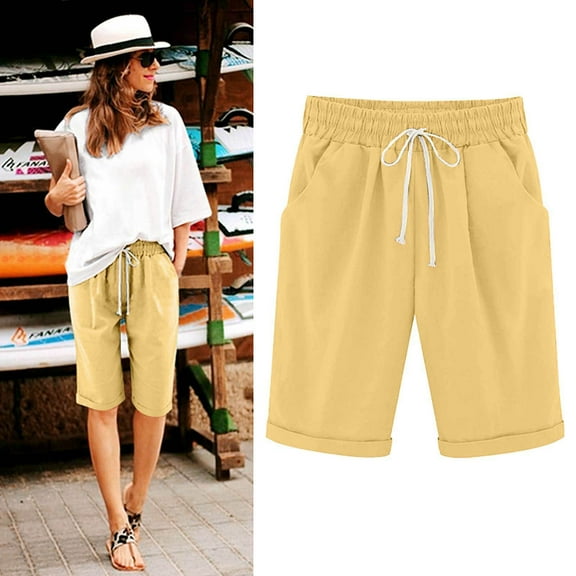 Kinrui Womens Plus Size Linen Shorts Summer Knee Length Bermuda Shorts Elastic Waist Beach Shorts Yellow 3XL