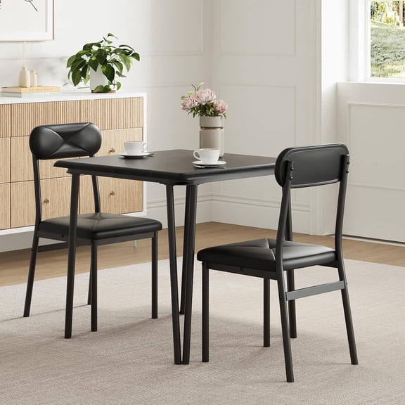 3-Piece Dining Table Set for 2, Square Kitchen Table with 2 Cushioned Chairs, MDF Top, Metal Frame, Small Space Dinette Set,Black