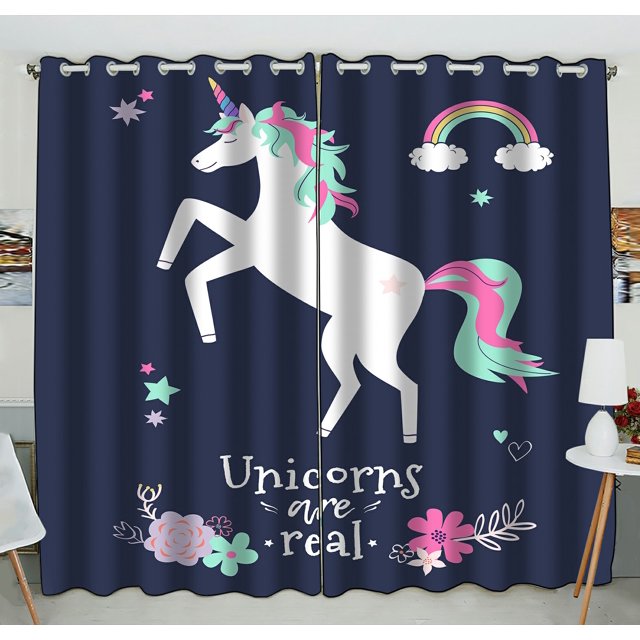 Cortina opaca ABPHQTO con ojales de unicornio y flores 130x210 cm (dos piezas)