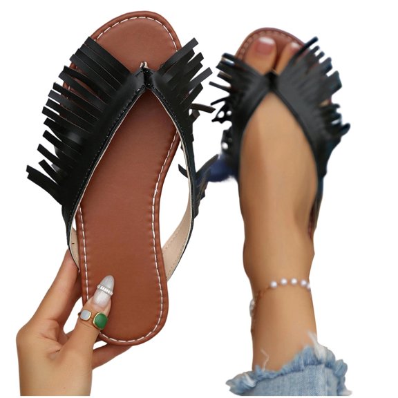 Gpaecead Women Vintage Fringe Flat Flip Flops Solid Color Cushioned Non Slip Spring Summer Beach Casual Shoes,Black