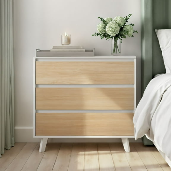 Plank Beam Solid Wood Scandinavian 3-Drawer Dresser, White/Blonde