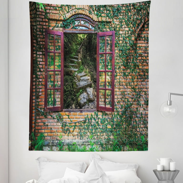 Country Tapestry House with Open Windows Inside Forest Design View Brick Wall with Ivy Rural Print Fabric Wall Hanging Decor for Bedroom Living Room