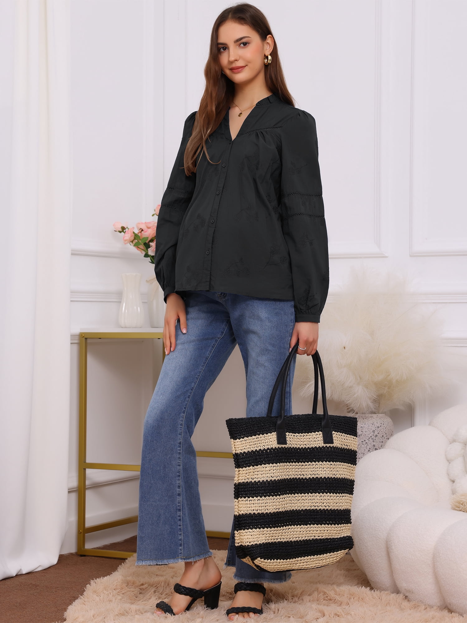 DARING DIVA Women's Maternity Cotton Button Down Long Sleeve Jacquard Blouse L Black