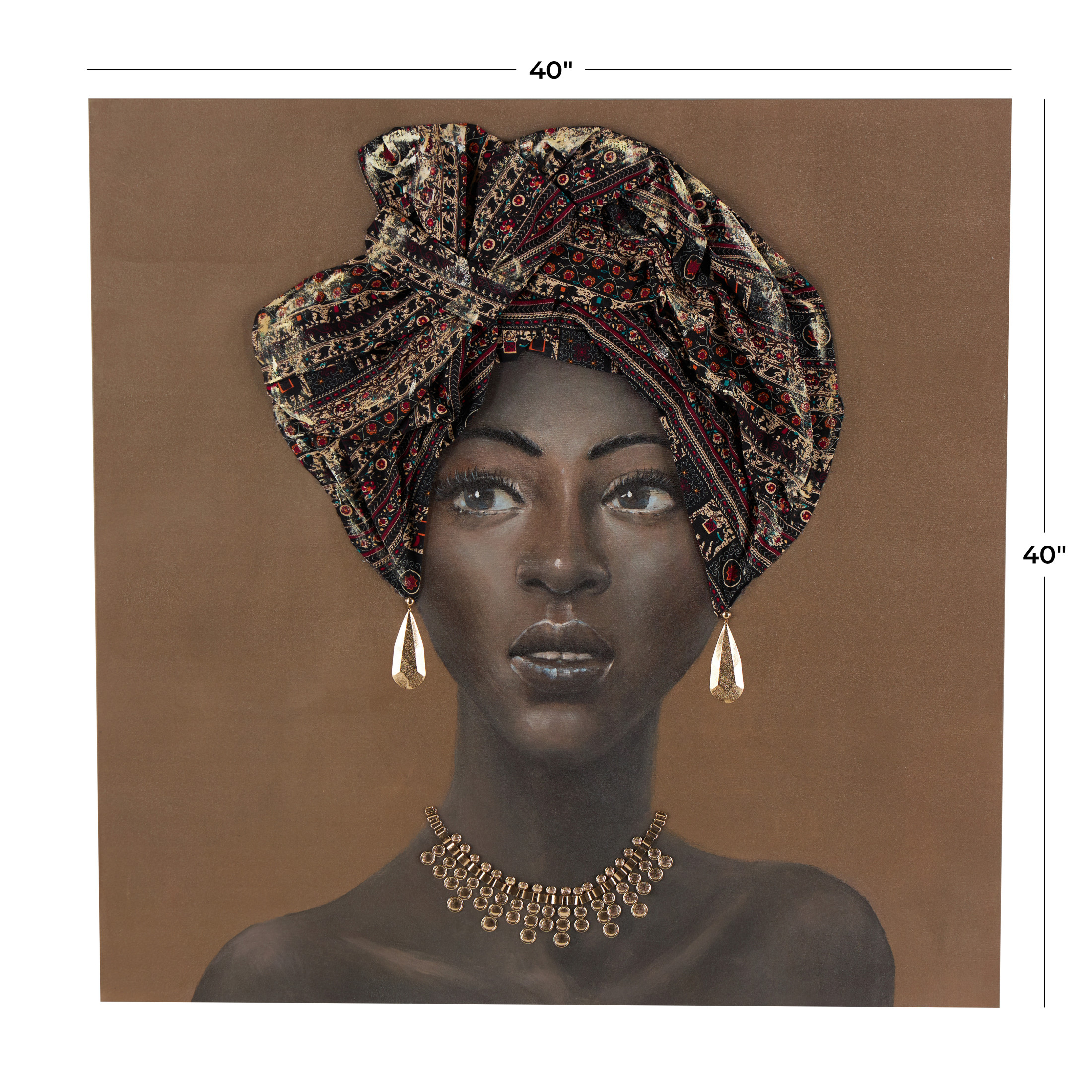 40" x 40" Unframed Woman Wall Art with 3D Fabric Headwear And Gold Jewels, by DecMode