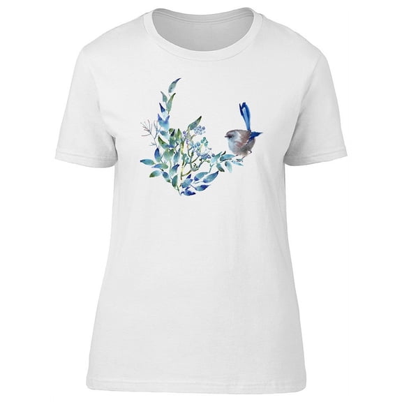 Watercolor Leaves And Cute Bird T-Shirt Women -Image by Shutterstock, Female Large