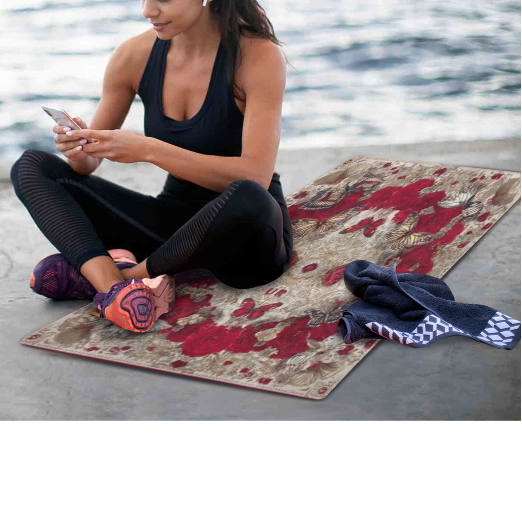 BZSMCE Yoga Mat Women Fitness Mat Symmetric Rose Butterflies Pattern