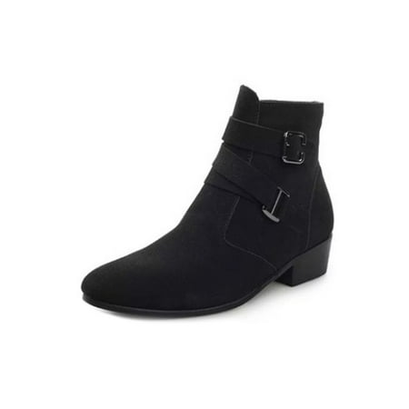 

Zodanni Men Casual Boot Buckle Strap Work Boots Block Ankle Dress Booties Lightweight Winter Shoes Outdoor Non-Slip Pointy Toe Nubuck Black 8.5