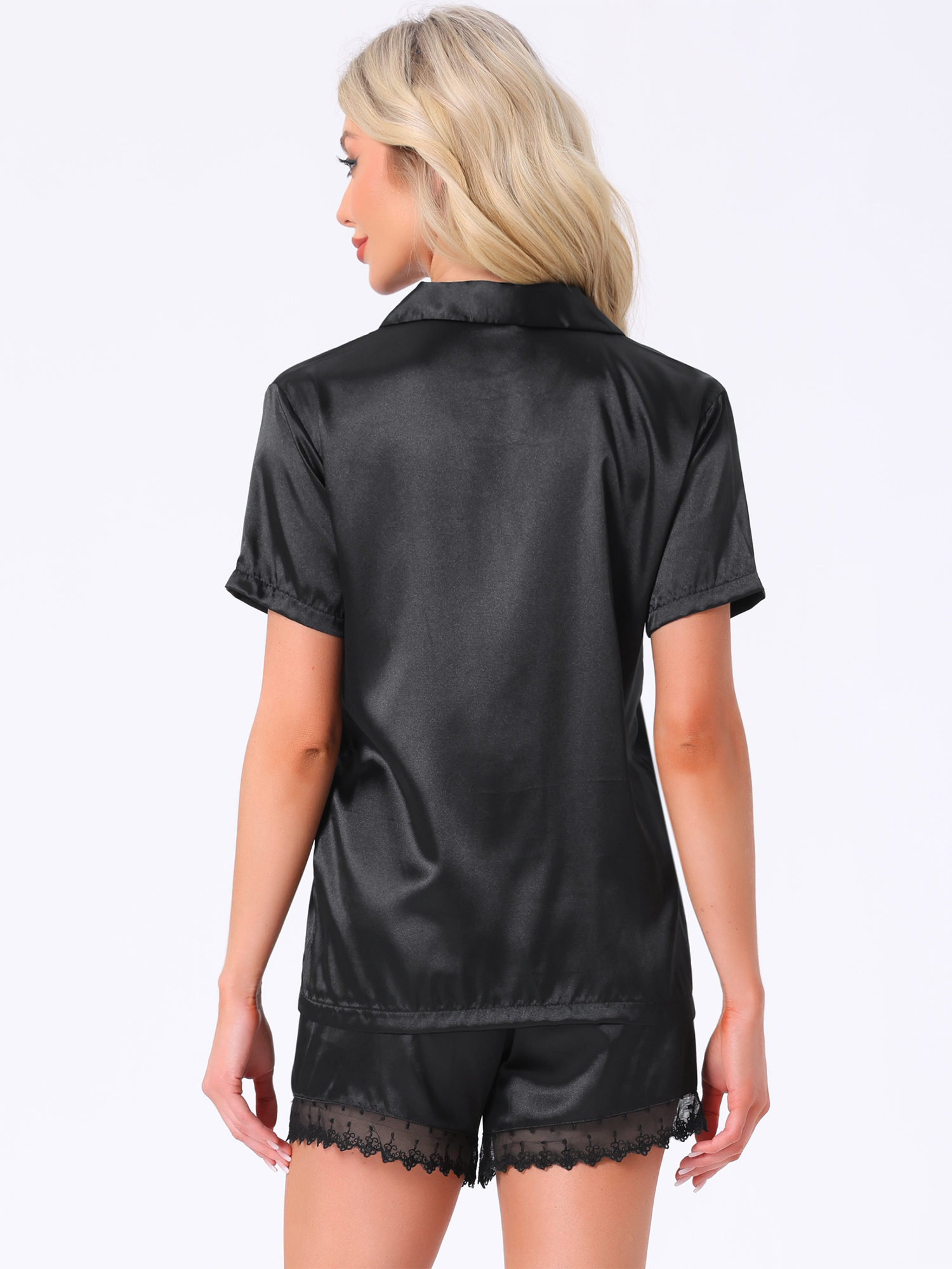 DARING DIVA Satin Silky Pajamas Button Down 2 Pieces Sleepwear M Black