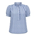 thumbnail image 5 of TEAJOPSUU Plaid Tops for Women V Neck Short Sleeve Button Down Placket Shirts Trendy Puff Sleeve Solid Color Blouses Light Blue, 5 of 8