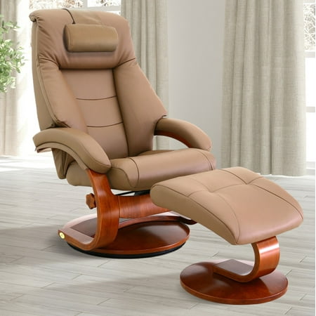 Oslo Collection by Mac Motion Mandal Recliner and Ottoman with Cervical Pillow in Sand Top Grain