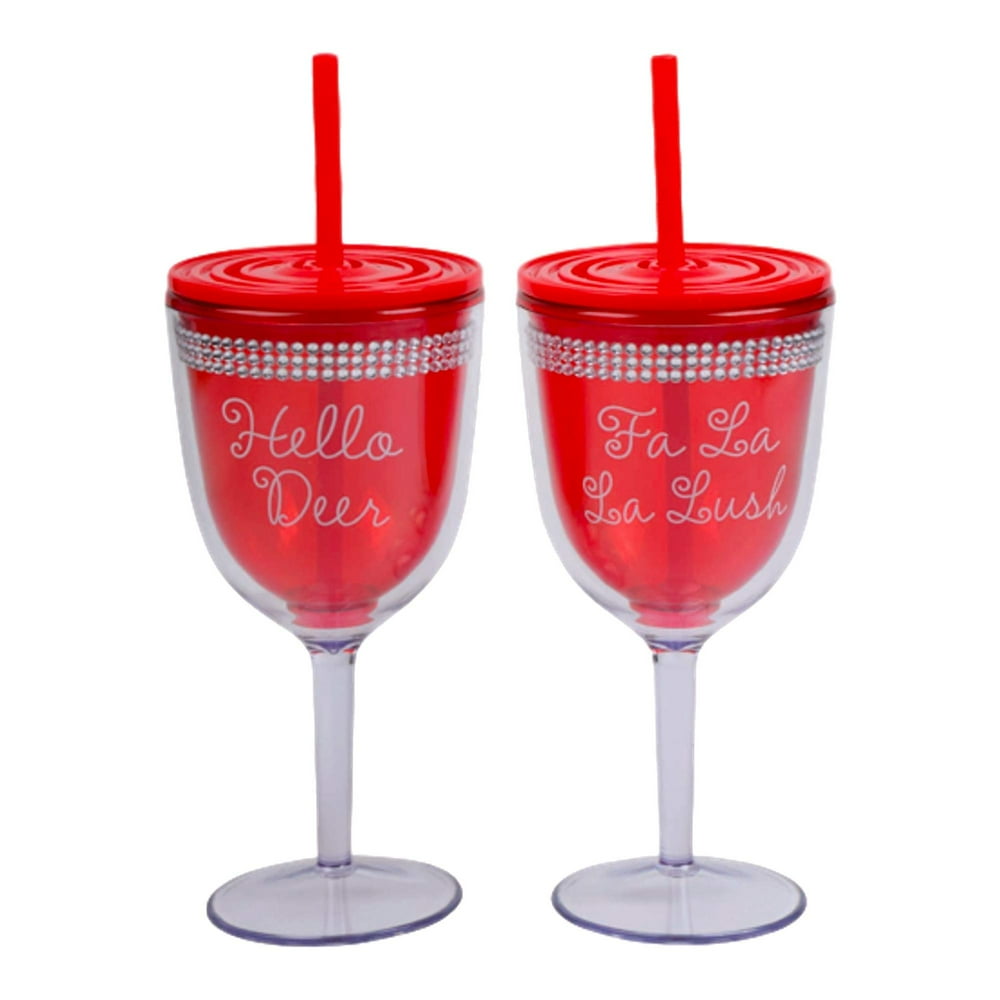 Festive Double Wall Insulated Plastic Wine Glass With Freezer Gel (2