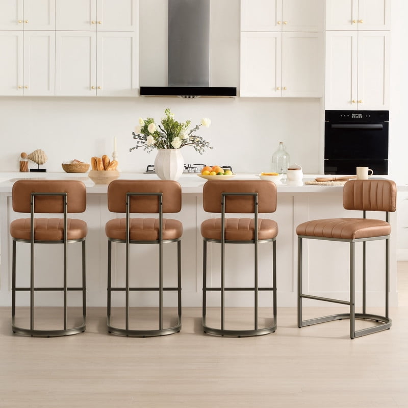 Spruce & Spring 30.5" Swivel Bar Stools Set of 2, Upholstered Bar Chairs with Curved Back & Channel Tufting, Metal Base for Kitchen Island & Home Bar, Brown