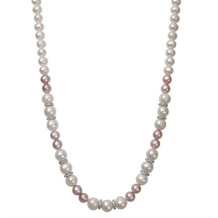 7-10.5mm White and Pink Cultured Freshwater Pearl Sterling Silver Necklace with CZ Encrusted Roundel Beads, 18