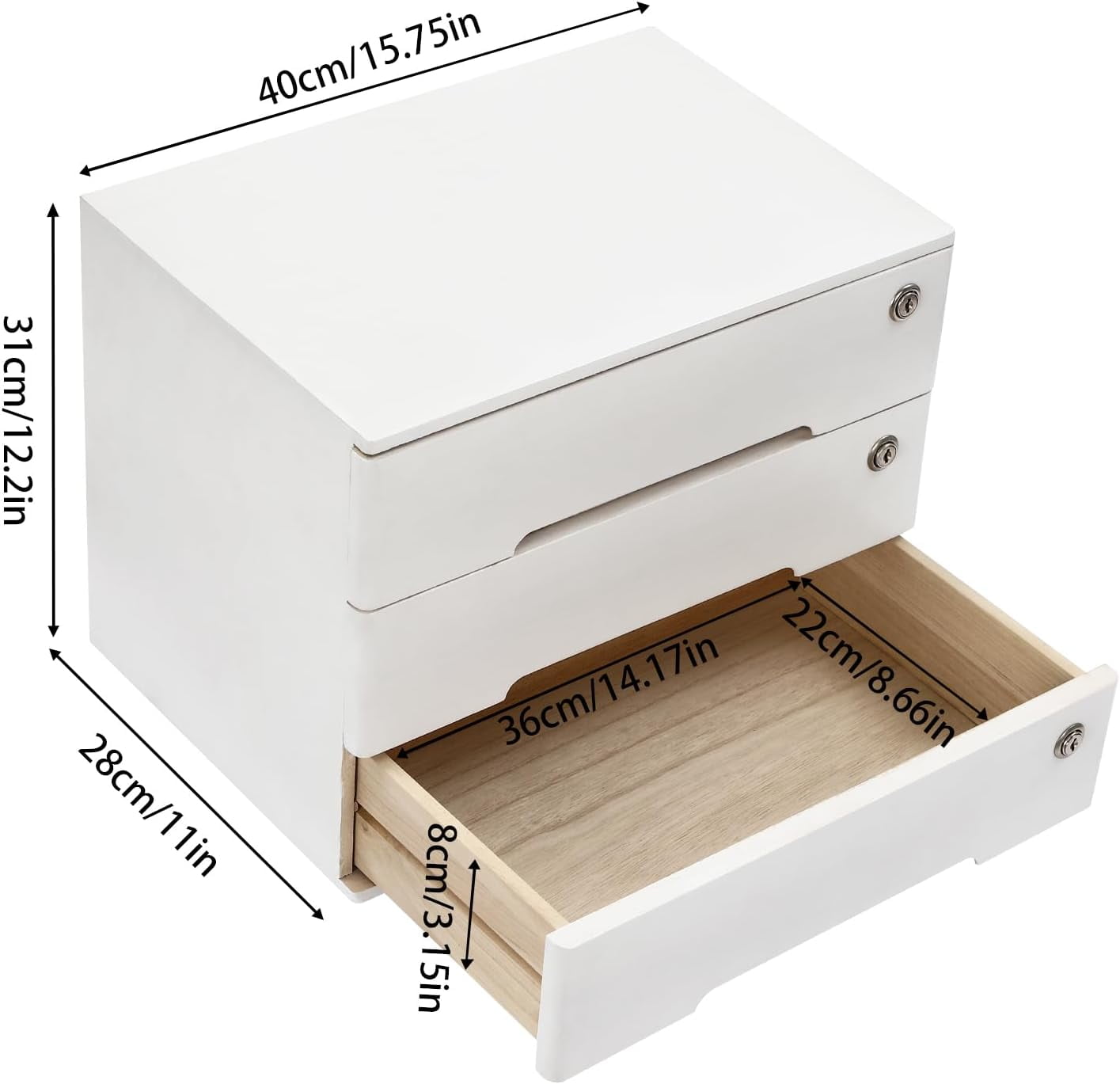 3-Drawer Desktop Storage Cabinet, White Wooden Desk Organizer Cabinet with Lockable Drawers, for Office Home Stationery & Cosmetics Storage