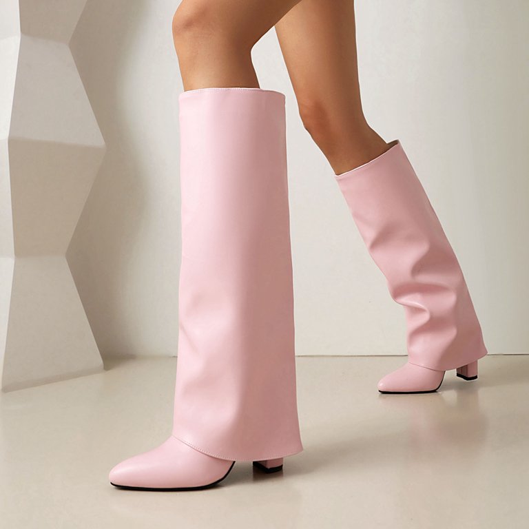 womens pink dress boots Hinvhai Knee High Boots Women Fold Over Boots Wedge Heel Slouchy Tall Boots  Zipper Pointed Toe Dress Fall Long Boot for Women White 8.5(41)
