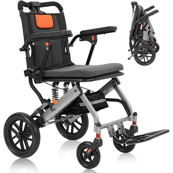 Wheelchairs for Adults, Transport Wheelchair Lightweight Foldable, 10-inch Solid PU Tire Wheelchair, 220-pound Load Capacity, Equipped with Shock Absorption Pump