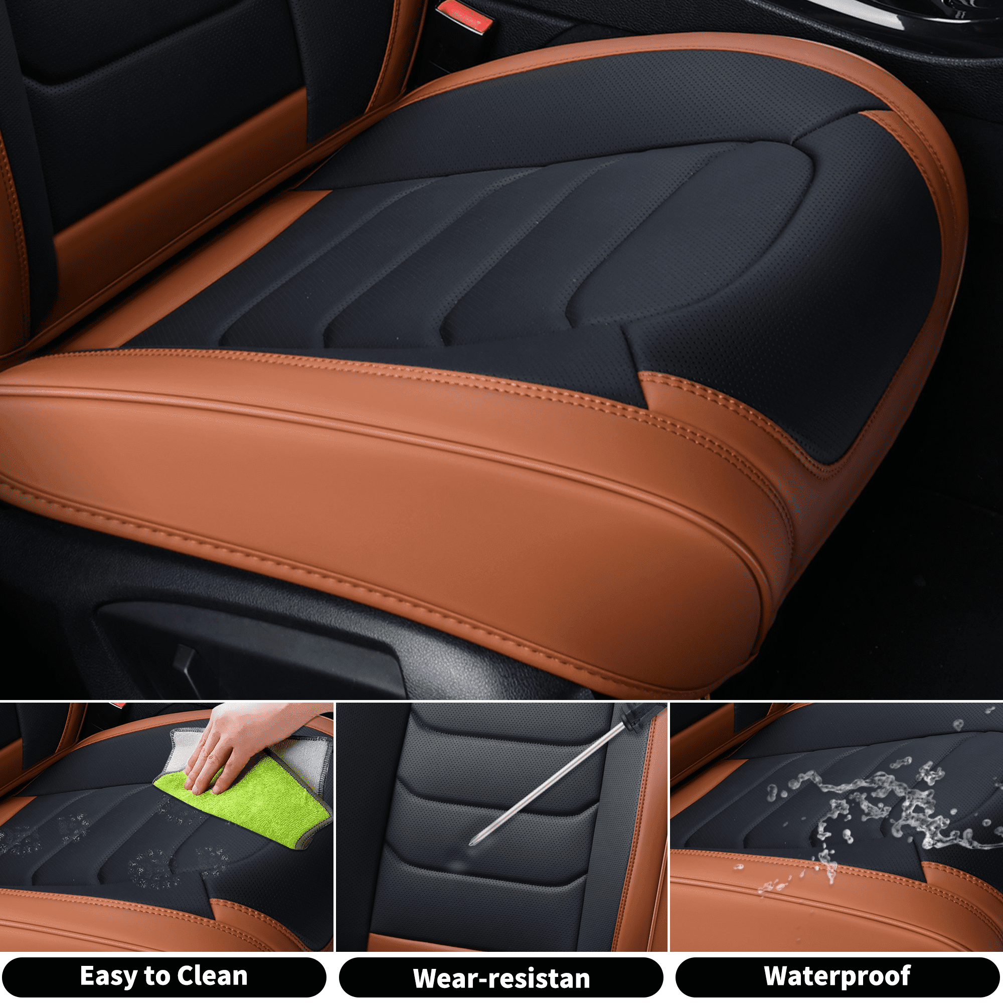 FLORICH Full Set Car Seat Covers, Waterproof Faux Leather Seat Protectors, Comfortable Auto Interior Cushions Fit for Most Cars Suv Trucks, Black & Brown