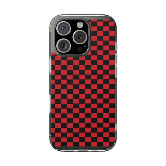 Clear Hybrid Shockproof Case for Apple iPhone 16 PRO - Red Black Checkered Pattern Design