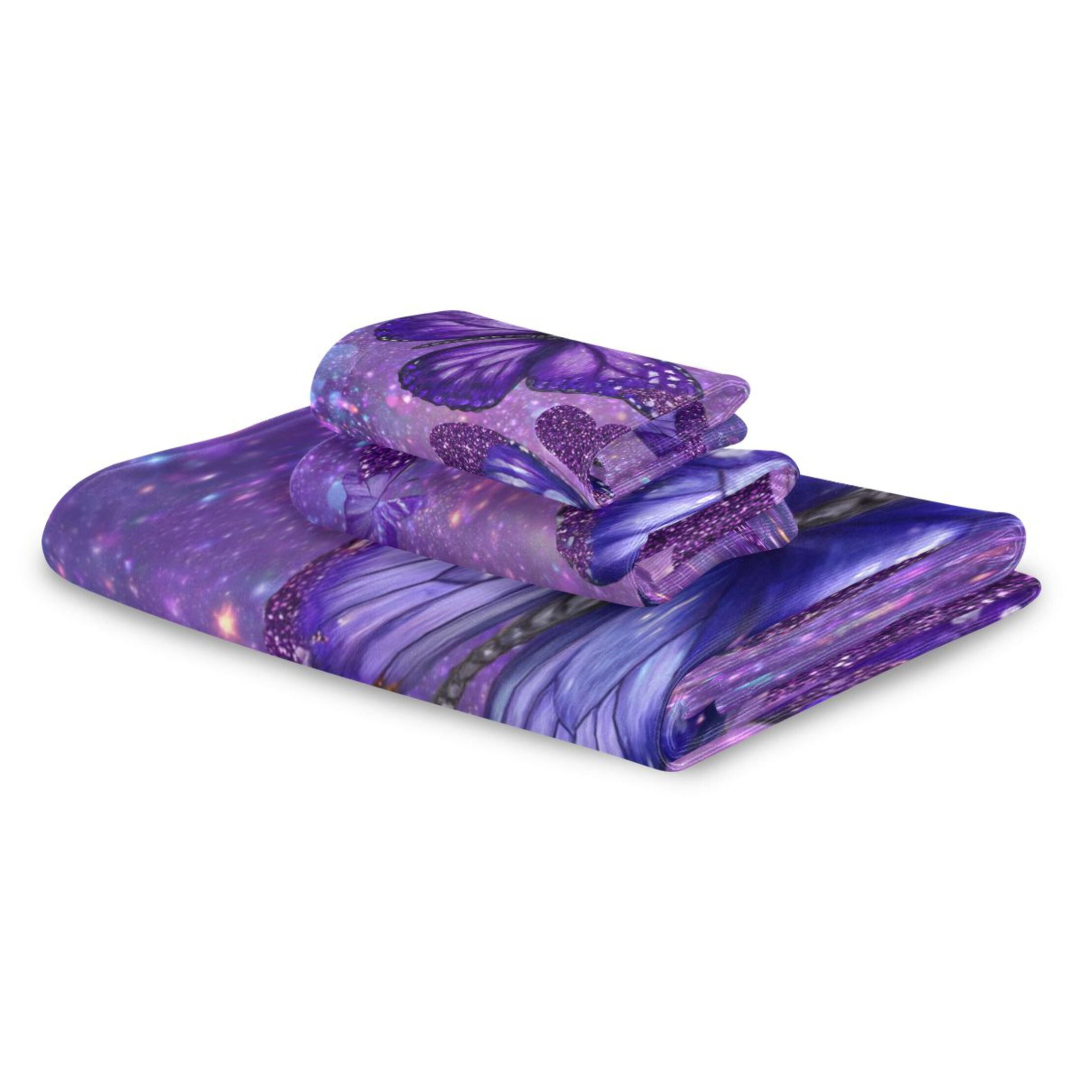 3 Sizes of Towel Sets Including Bath Towel Hand Towel and Washcloth for Daily Use Shimmering Purple Butterflies