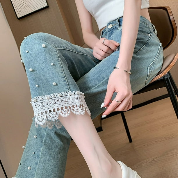 Vaqueros con cuentas para mujer novedad de primavera y verano 2024 pantalones elasticos microacampanados pantalones de ocho puntos delgados y delgados Walmart en linea