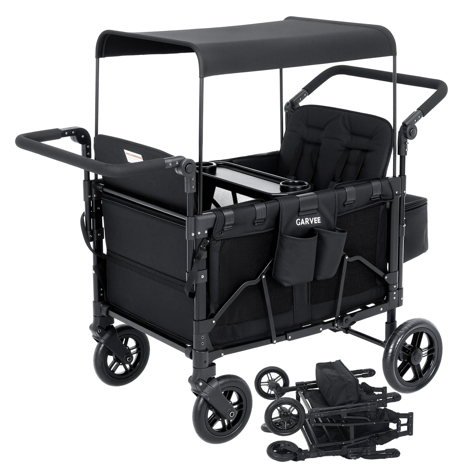 4-Seater Kids Wagon Stroller with Canopy, Foldable Push & Pull Wagon with 5-Point Safety Harness, 360° Wheels, Large Storage Bag, Heavy Duty Outdoor Wagon for Camping, Beach & Garden (Black)