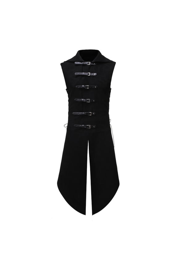 Men's Medieval Gothic Vest, Steampunk Sleeveless Long Waistcoat with Leather Buckles and Side Lace Up, Retro Costume for Renaissance and themed Parties, Sizes M-2XL Black