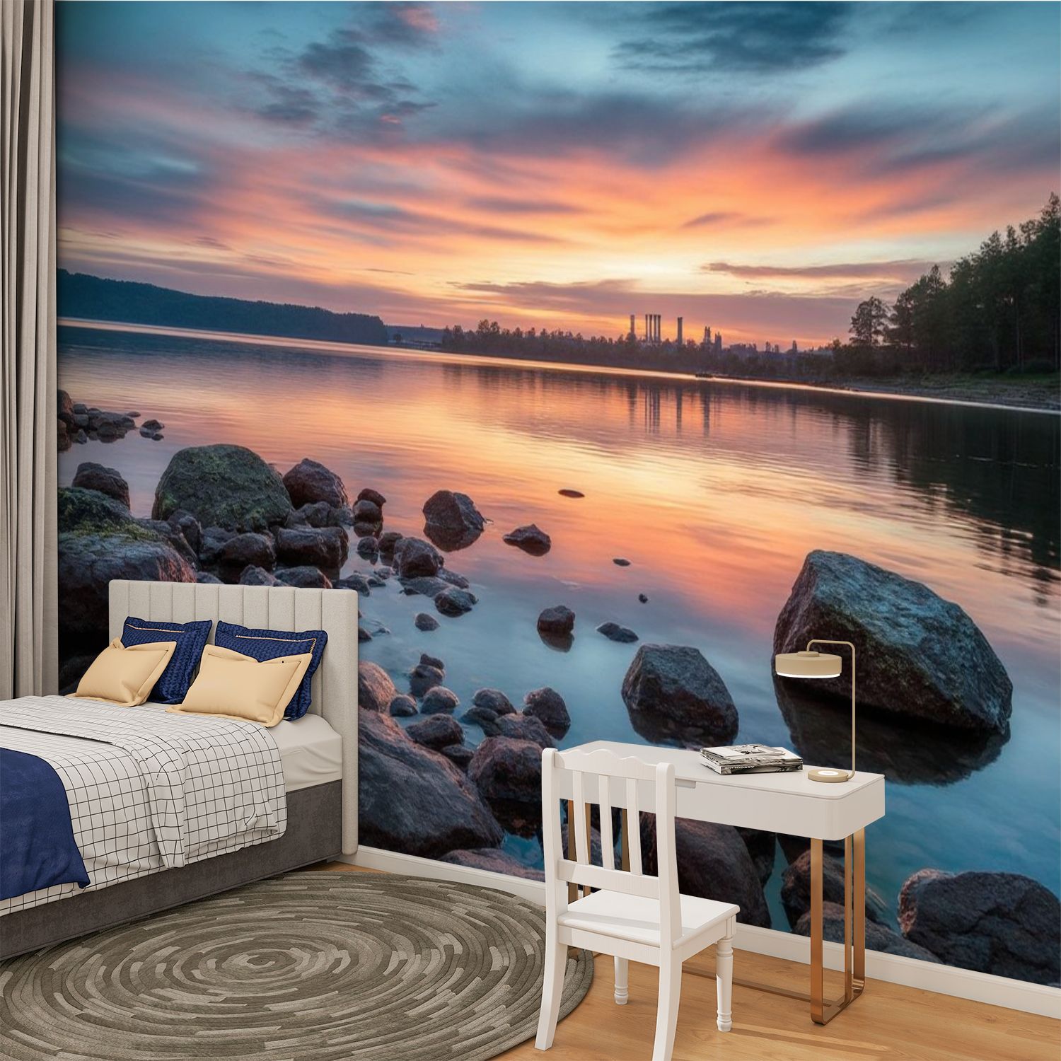 Peel and Stick Wallpaper Cloudscape Lake Sunset Removable Wall Mural Water Rocks Sky Distant Modern Art Wall Mural Decor Self Adhesive and Removable 100in x 144in