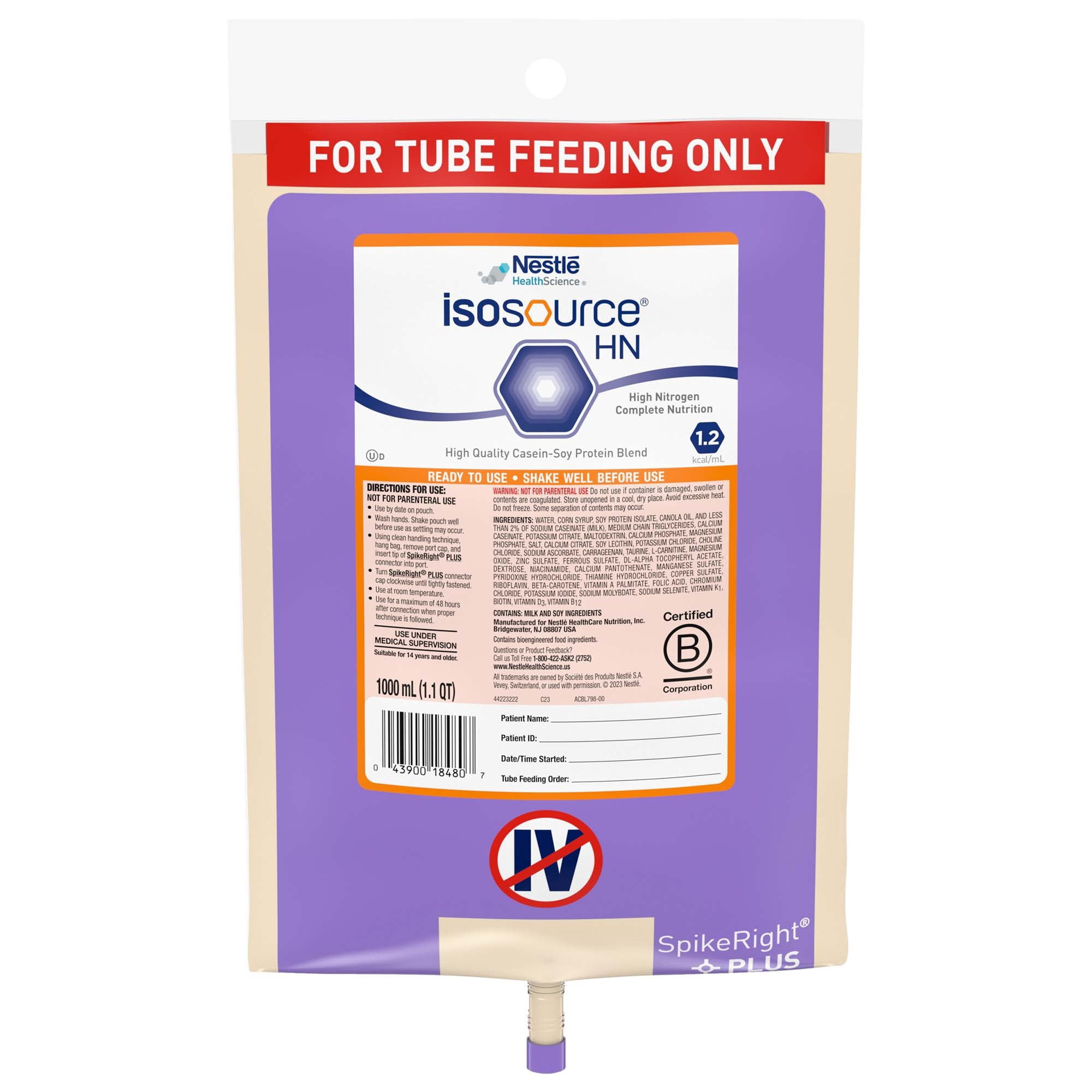 Nestle Isosource HN Tube Feeding Formula Unflavored 1000 mL Ready to Hang Prefilled Container 6 Ct