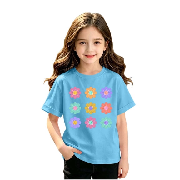 Zpanxa Girls T Shirts Grid Print Crew Neck Short Sleeve Summer Tee