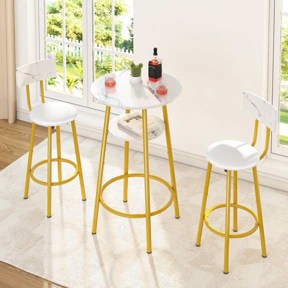 LEGAHOME Bar Height Dining Set for 2, 3-Piece Round Kitchen Table with Back Support Chairs, 14.17" Wide Seat Stools and Pub Table Set, Small Space Breakfast Pub Table Set, White