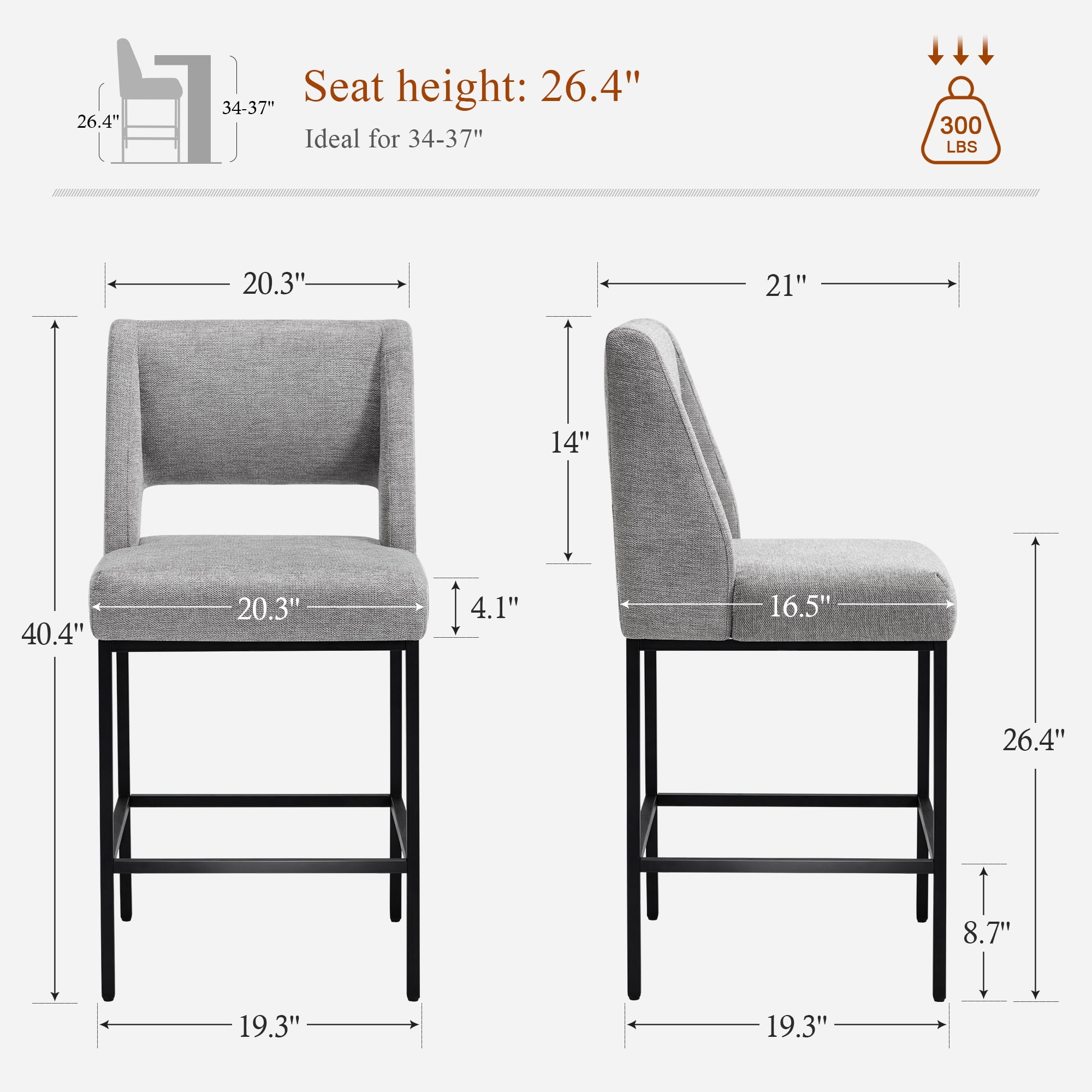 Zesthouse 26.4" Modern Counter Stools Set of 4, Linen Fabric Bar Stools with Back and Metal Legs, Extra Thick Upholstered Counter Height Chairs for Kitchen Island, Gray