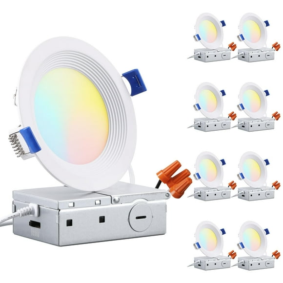 TORCHSTAR Lot de 8 5CCT 4 Pouces Slim LED Éclairage Encastré avec J Box, Garniture Anti-Reflets, CRI90 Dimmable Aluminium Plafonnier Downlight, Étanche à l'Air & IC
