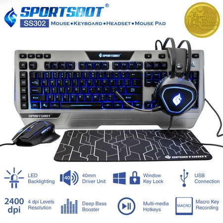 SportsBot SS302 Blue LED Gaming Over-Ear Headset, Keyboard, Mouse & Mouse Pad Combo